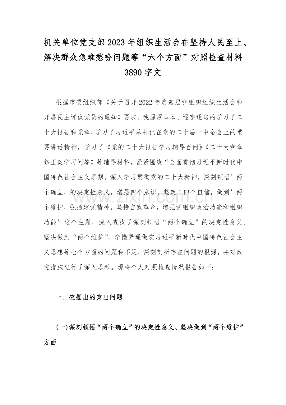 机关单位党支部2023年组织生活会在坚持人民至上、解决群众急难愁吩问题等“六个方面”对照检查材料3890字文.docx_第1页