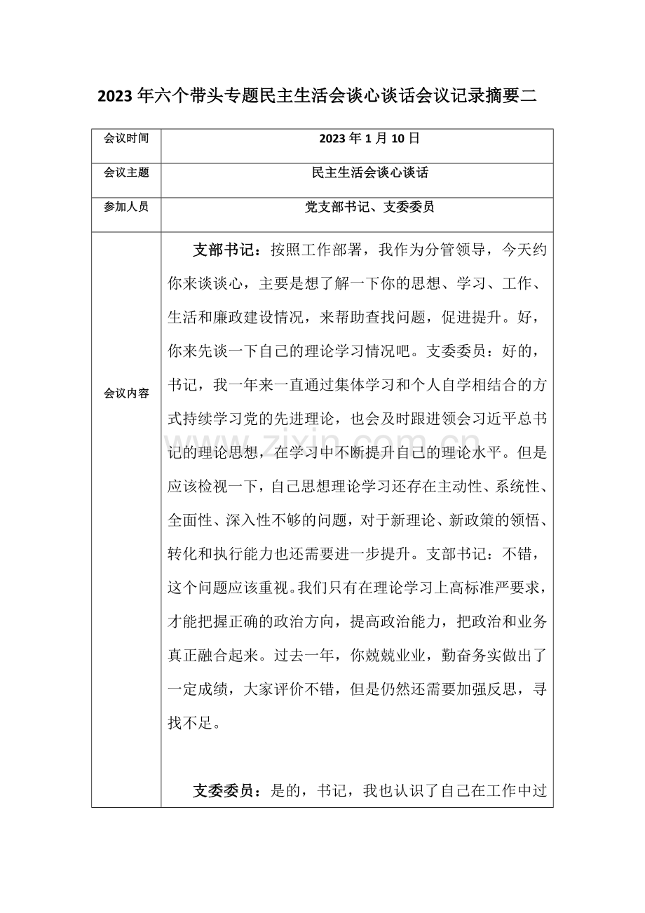 2023年六个带头专题民主生活会谈心谈话会议记录摘要二.docx_第1页