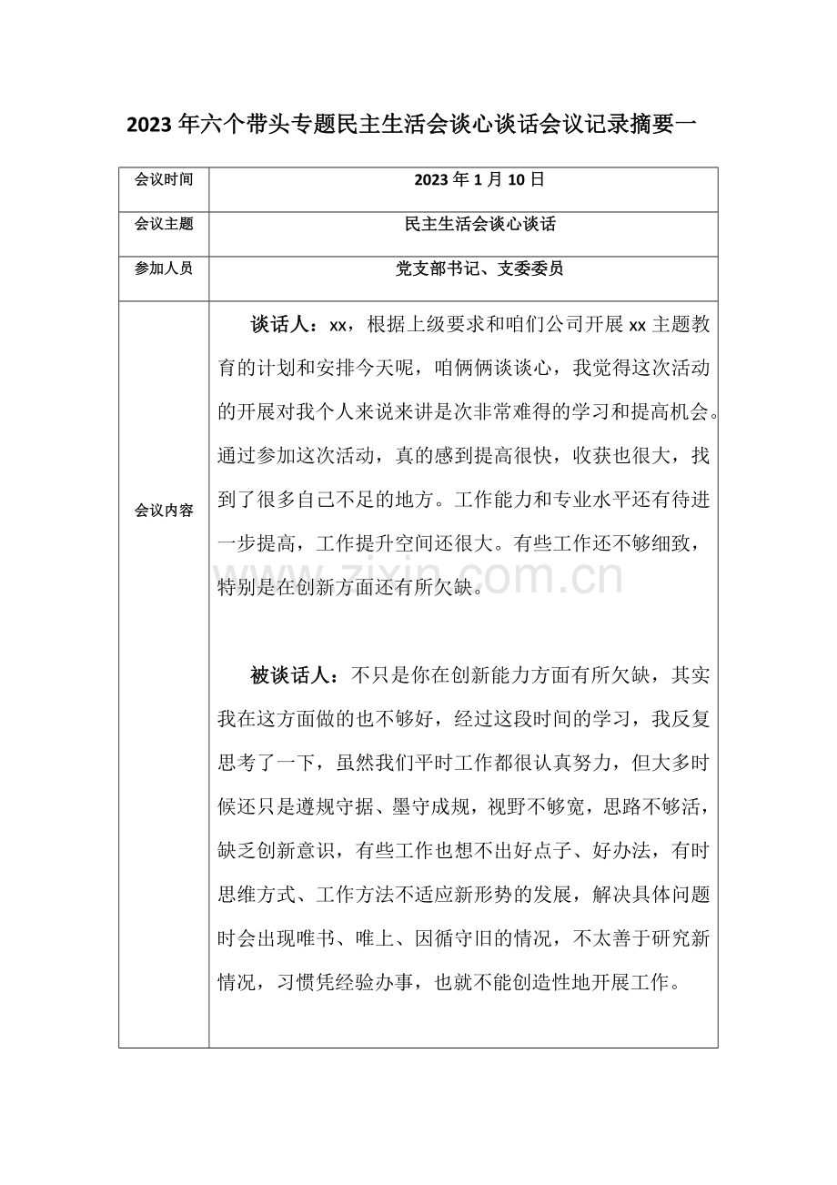 2023年六个带头专题民主生活会谈心谈话会议记录摘要一.docx_第1页