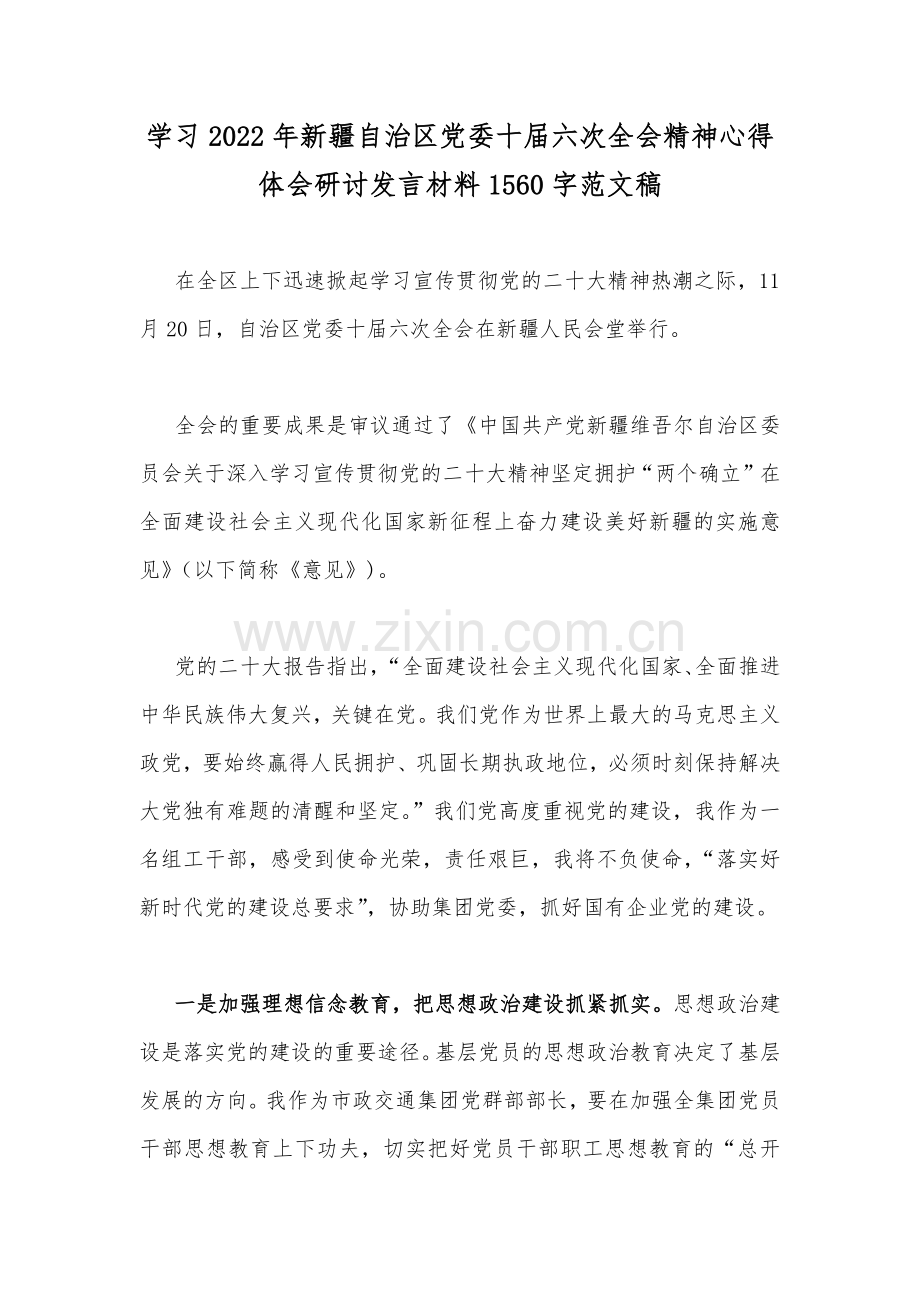 学习2022年新疆自治区党委十届六次全会精神心得体会研讨发言材料1560字范文稿.docx_第1页