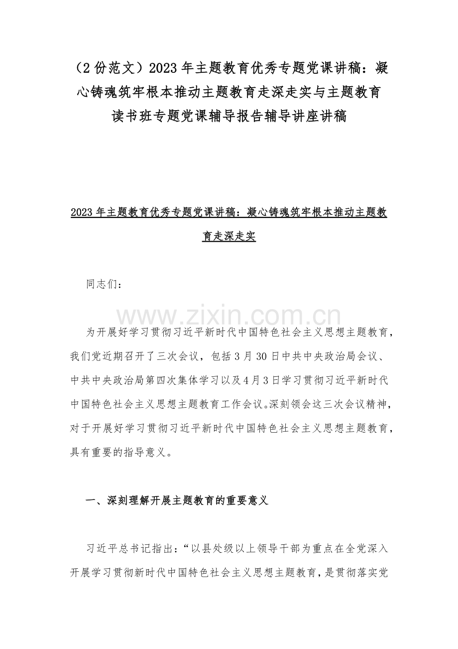 （2份范文）2023年主题教育优秀专题党课讲稿：凝心铸魂筑牢根本推动主题教育走深走实与主题教育读书班专题党课辅导报告辅导讲座讲稿.docx_第1页