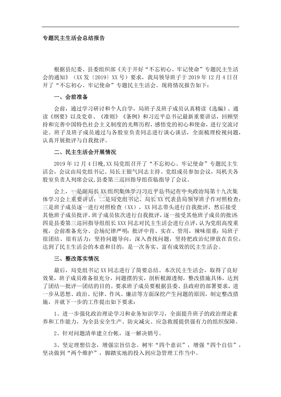 专题民主生活会总结报告.docx_第1页