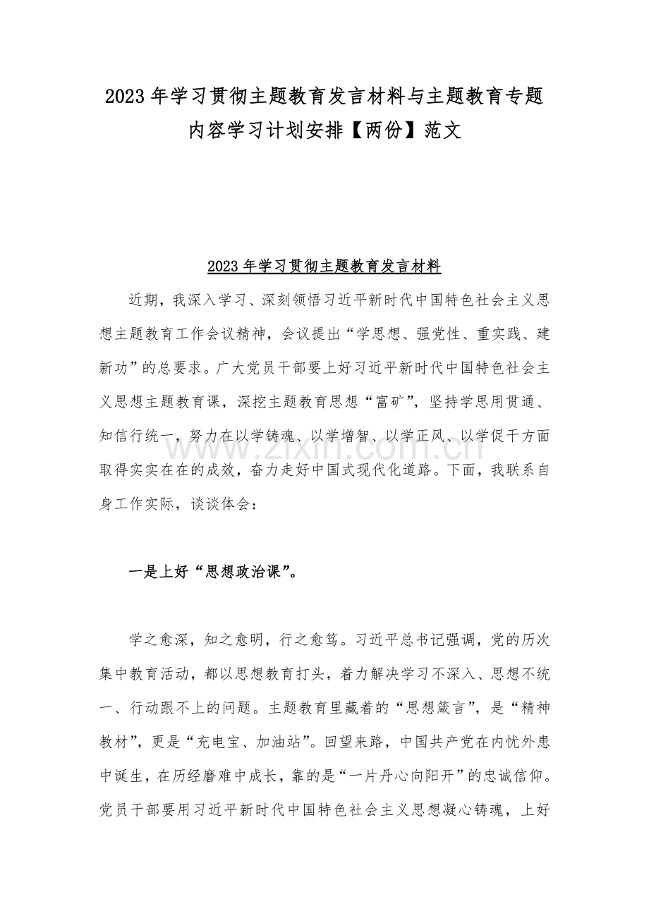 2023年学习贯彻主题教育发言材料与主题教育专题内容学习计划安排【两份】范文.docx_第1页