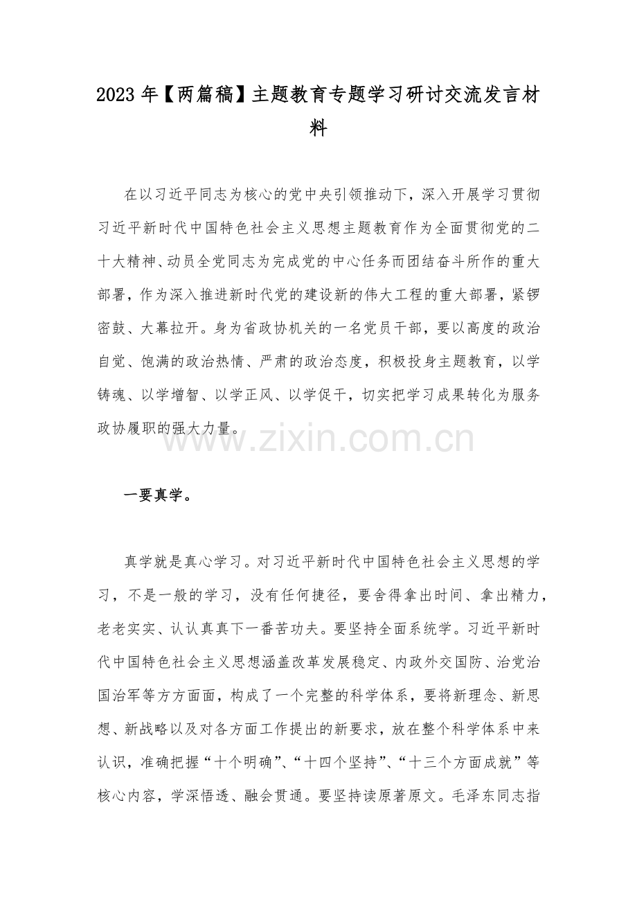 2023年【两篇稿】主题教育专题学习研讨交流发言材料.docx_第1页