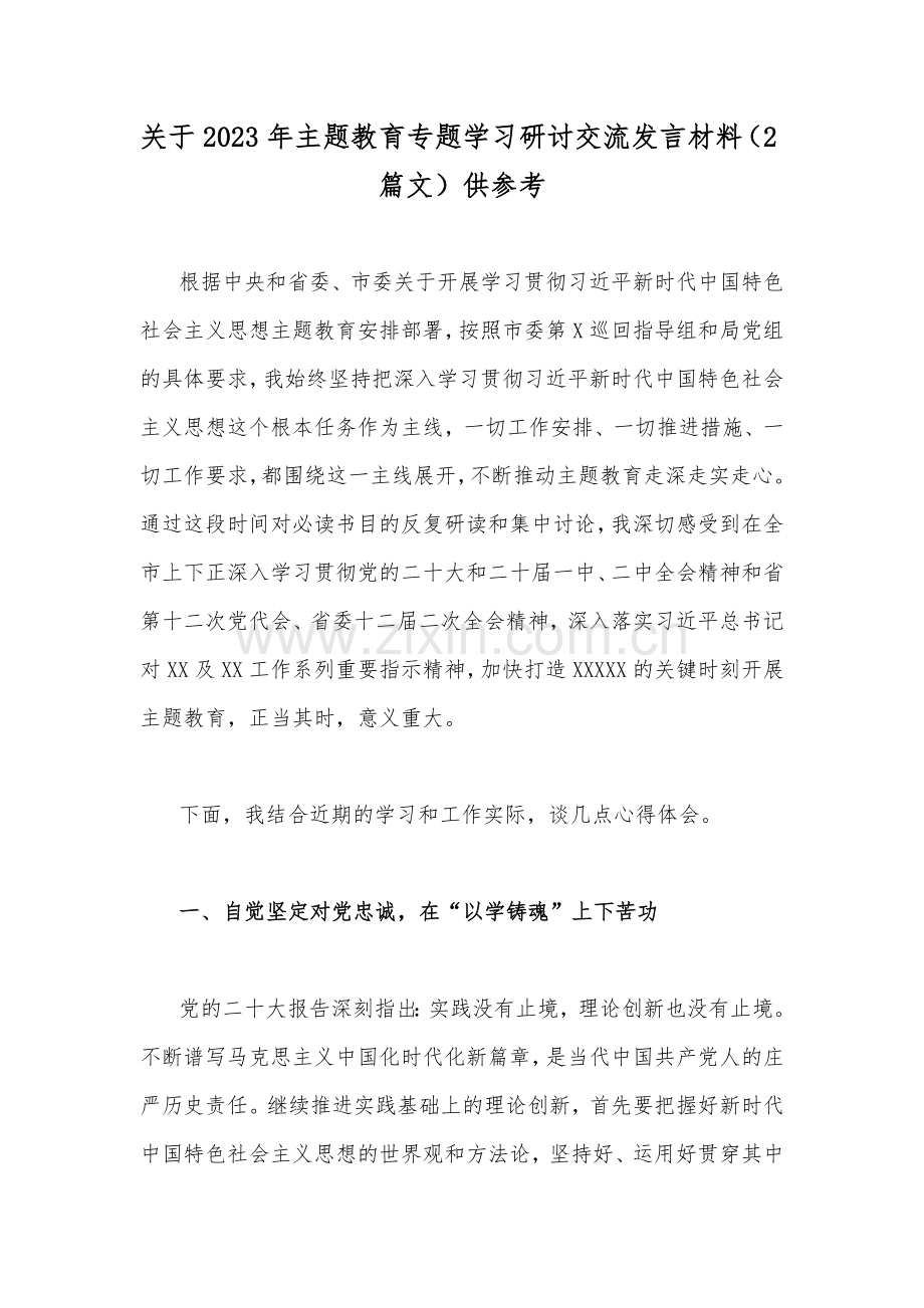 关于2023年主题教育专题学习研讨交流发言材料（2篇文）供参考.docx_第1页