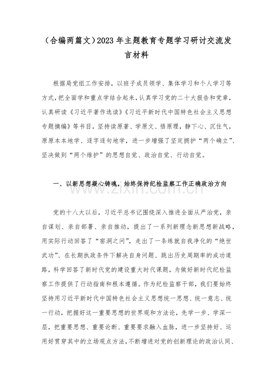 （合编两篇文）2023年主题教育专题学习研讨交流发言材料.docx_第1页