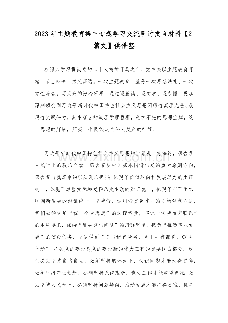 2023年主题教育集中专题学习交流研讨发言材料【2篇文】供借鉴.docx_第1页