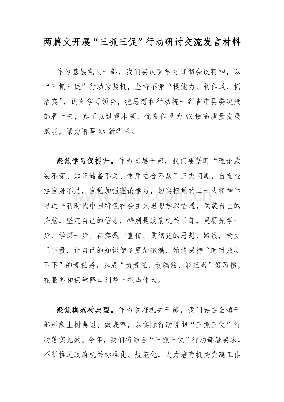 两篇文开展“三抓三促”行动研讨交流发言材料.docx_第1页