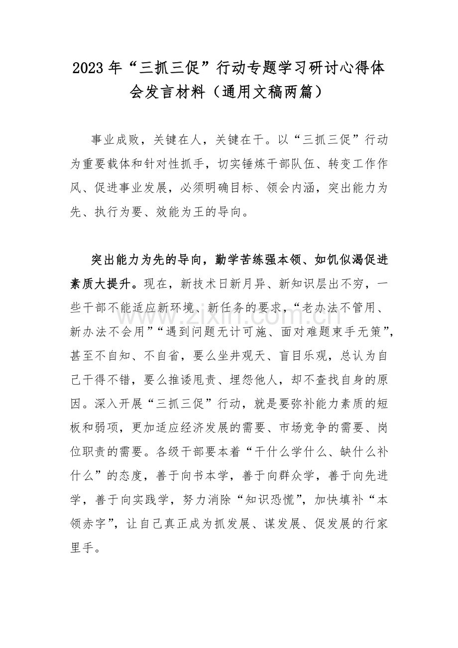 2023年“三抓三促”行动专题学习研讨心得体会发言材料（通用文稿两篇）.docx_第1页
