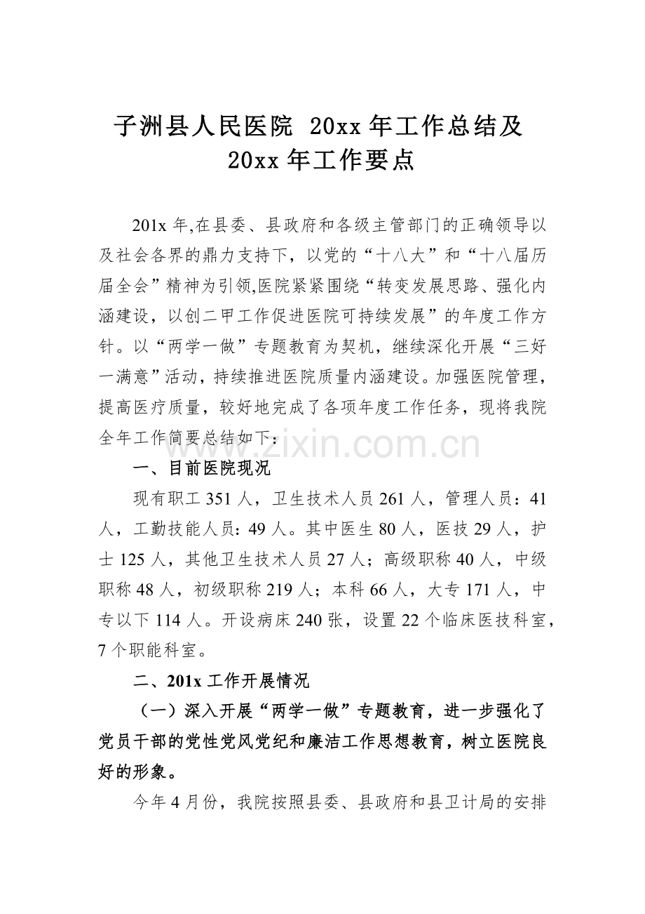 子洲县人民医院 20xx年工作总结及20xx年工作要点.docx_第1页