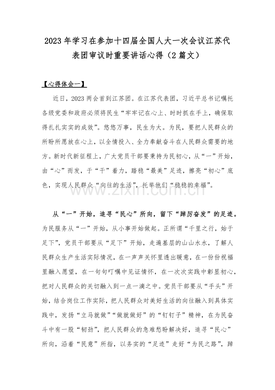 2023年学习在参加十四届全国人大一次会议江苏代表团审议时重要讲话心得（2篇文）.docx_第1页