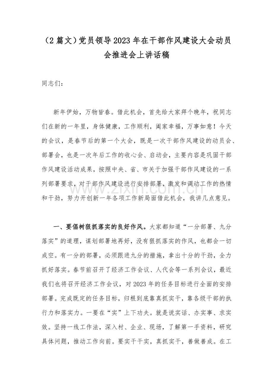 （2篇文）党员领导2023年在干部作风建设大会动员会推进会上讲话稿.docx_第1页