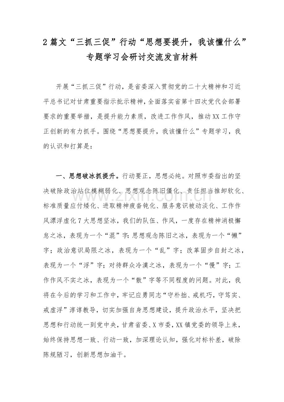 2篇文“三抓三促”行动“思想要提升我该懂什么”专题学习会研讨交流发言材料.docx_第1页