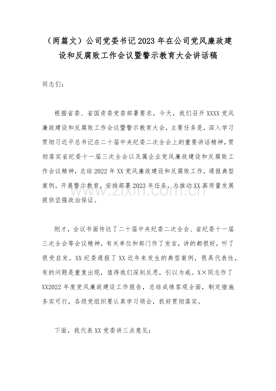 （两篇文）公司党委书记2023年在公司党风廉政建设和反腐败工作会议暨警示教育大会讲话稿.docx_第1页