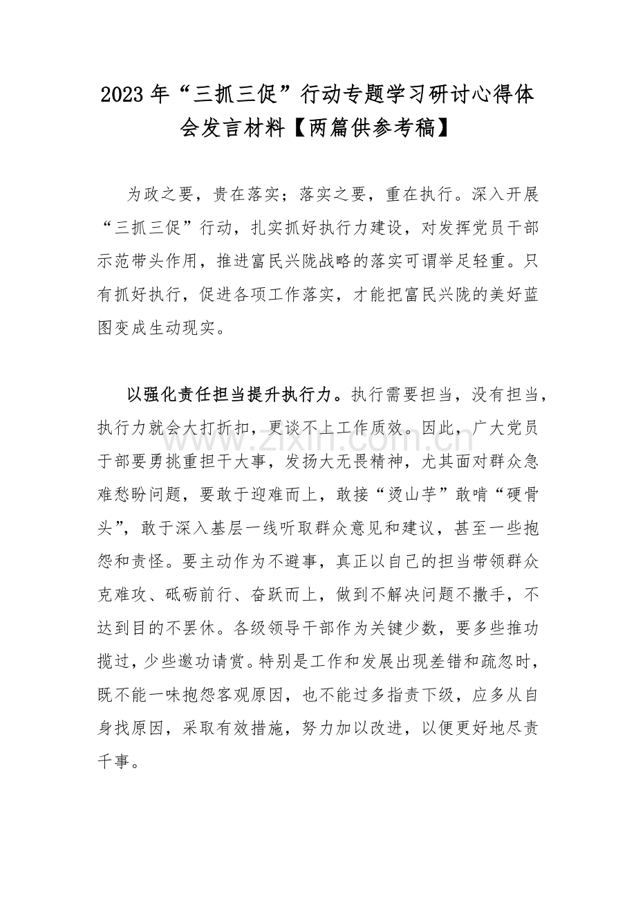 2023年“三抓三促”行动专题学习研讨心得体会发言材料【两篇供参考稿】.docx_第1页