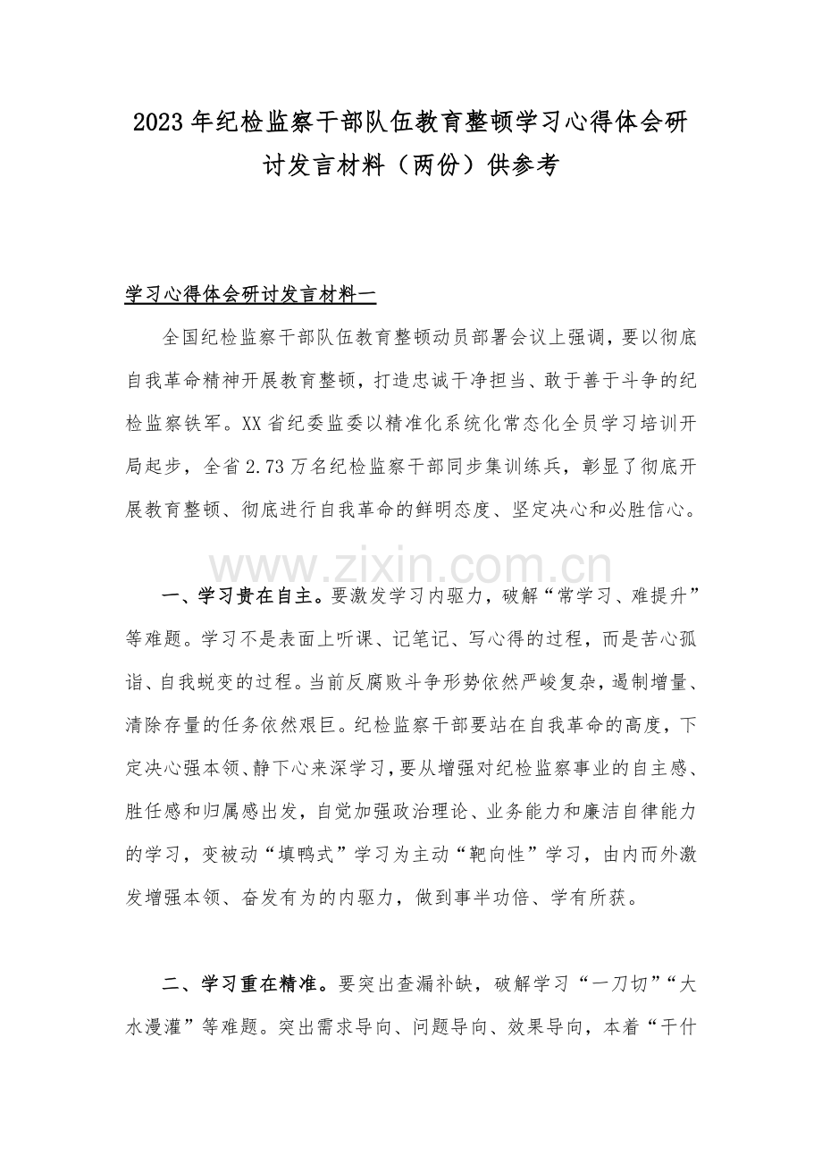 2023年纪检监察干部队伍教育整顿学习心得体会研讨发言材料（两份）供参考.docx_第1页