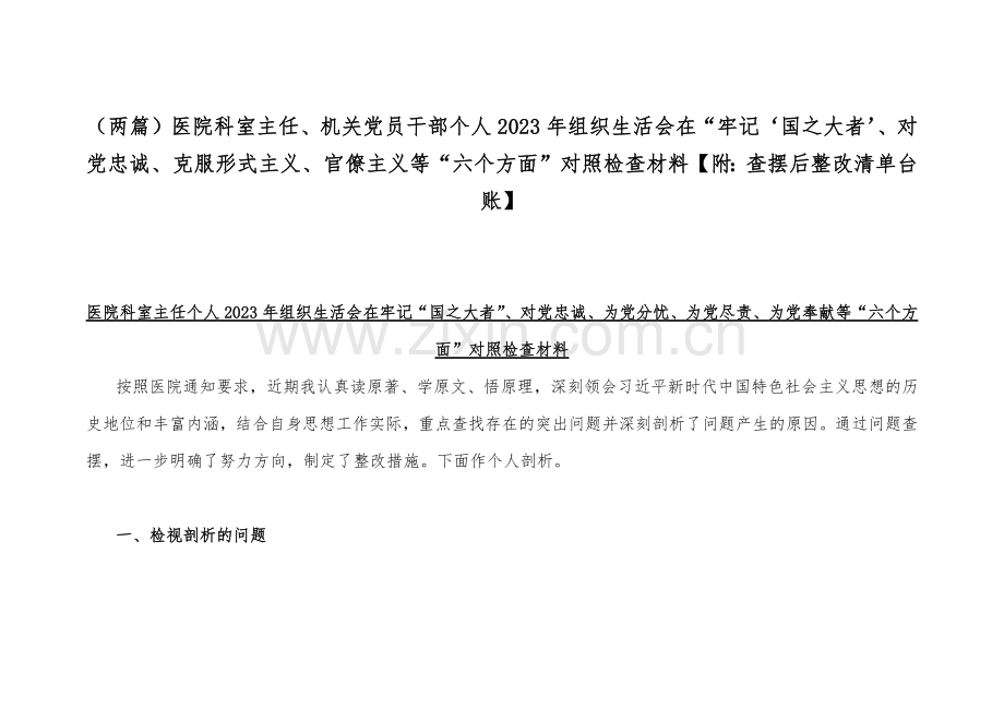 （两篇）医院科室主任、机关党员干部个人2023年组织生活会在“牢记‘国之大者’、对党忠诚、克服形式主义、官僚主义等“六个方面”对照检查材料【附：查摆后整改清单台账】.docx_第1页