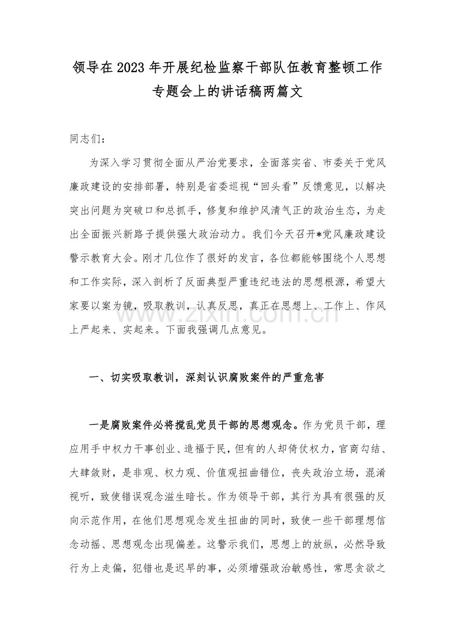 领导在2023年开展纪检监察干部队伍教育整顿工作专题会上的讲话稿两篇文.docx_第1页
