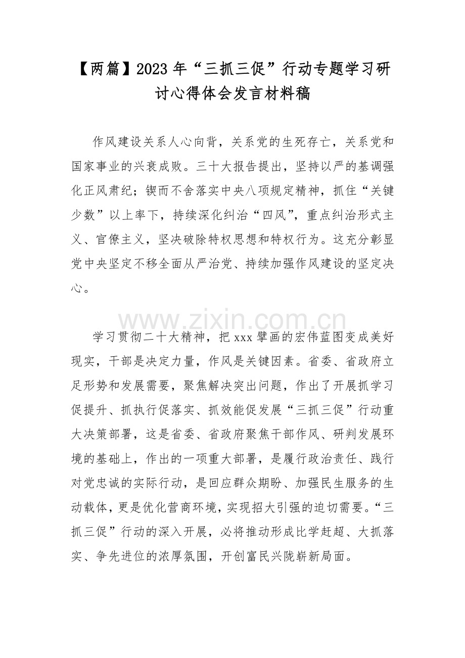 【两篇】2023年“三抓三促”行动专题学习研讨心得体会发言材料稿.docx_第1页