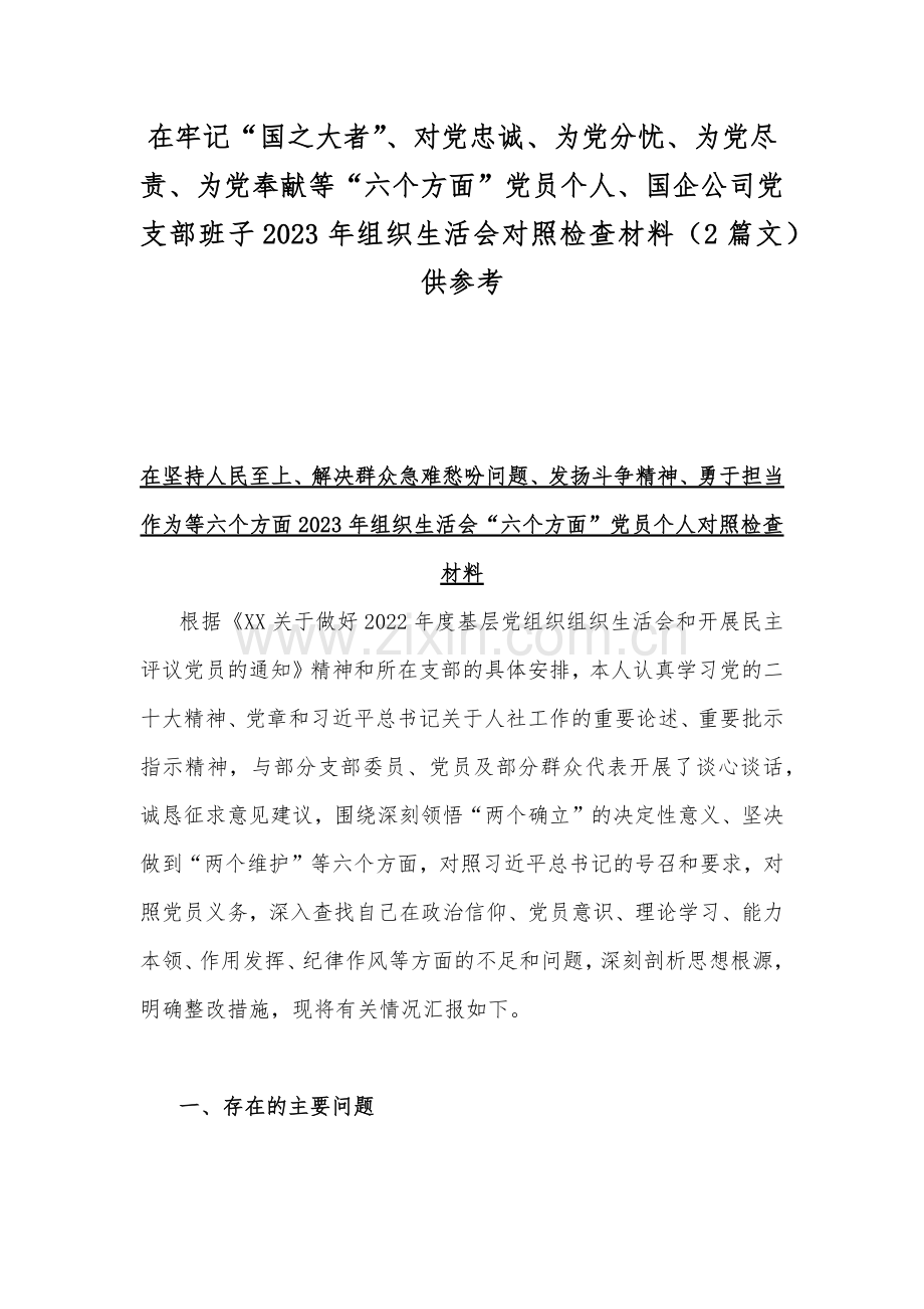 在牢记“国之大者”、对党忠诚、为党分忧、为党尽责、为党奉献等“六个方面”党员个人、国企公司党支部班子2023年组织生活会对照检查材料（2篇文）供参考.docx_第1页