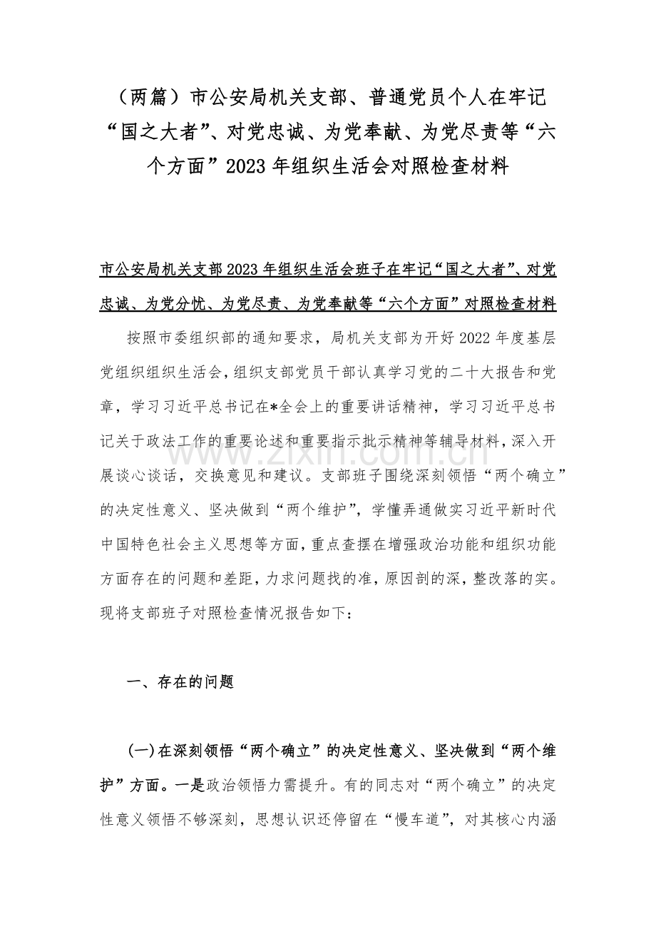（两篇）市公安局机关支部、普通党员个人在牢记“国之大者”、对党忠诚、为党奉献、为党尽责等“六个方面”2023年组织生活会对照检查材料.docx_第1页