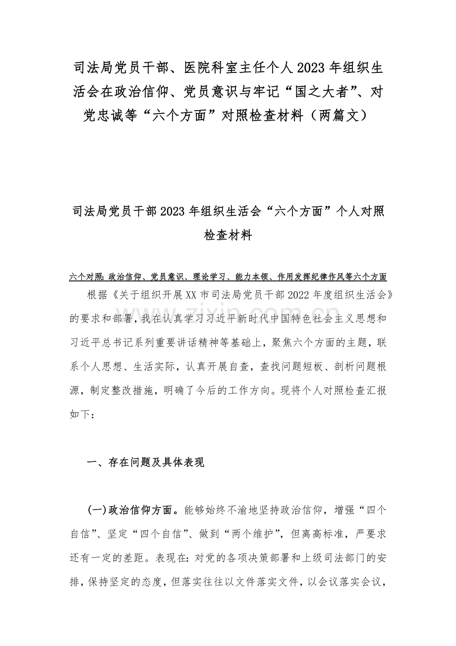 司法局党员干部、医院科室主任个人2023年组织生活会在政治信仰、党员意识与牢记“国之大者”、对党忠诚等“六个方面”对照检查材料（两篇文）.docx_第1页