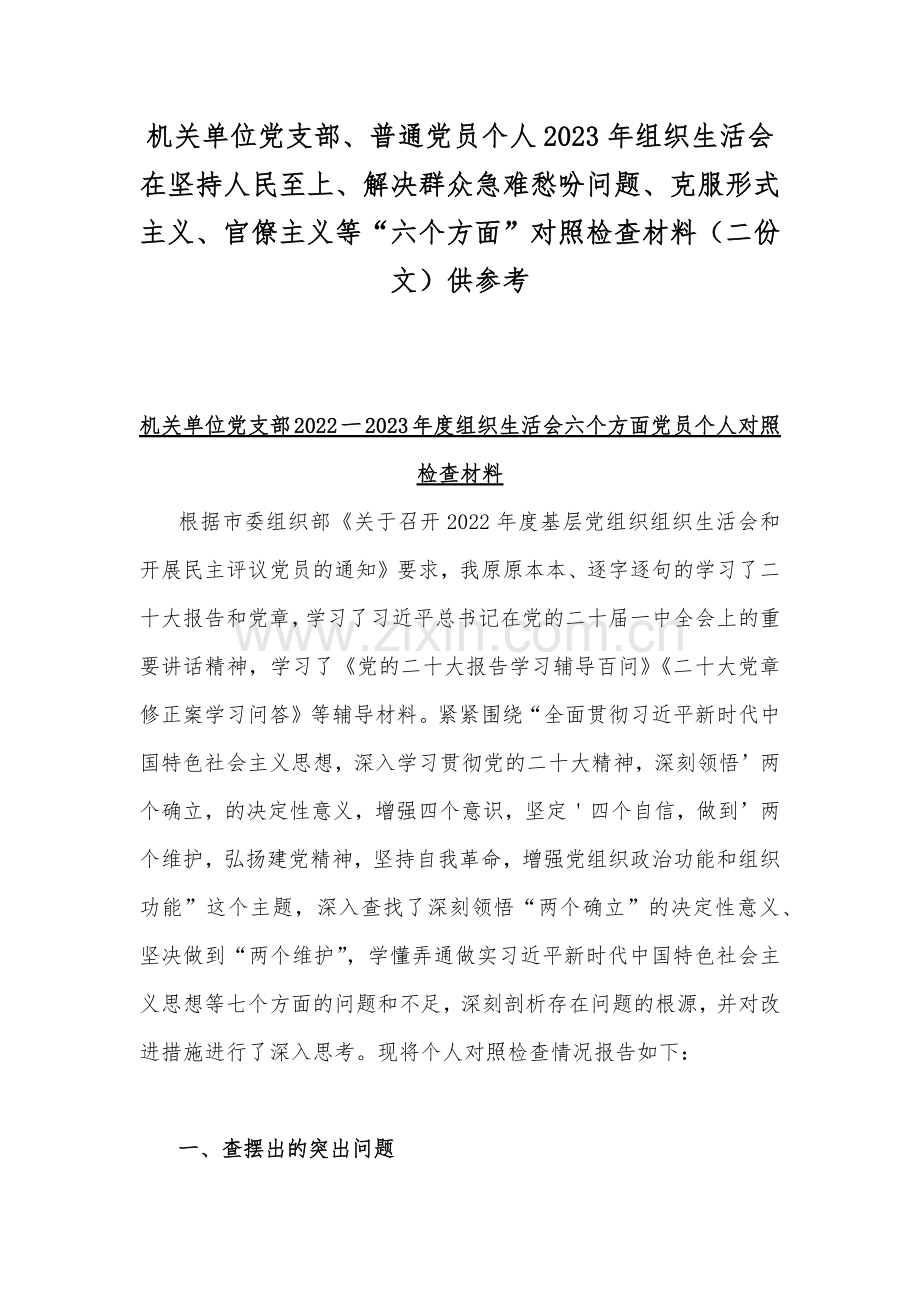 机关单位党支部、普通党员个人2023年组织生活会在坚持人民至上、解决群众急难愁吩问题、克服形式主义、官僚主义等“六个方面”对照检查材料（二份文）供参考.docx_第1页