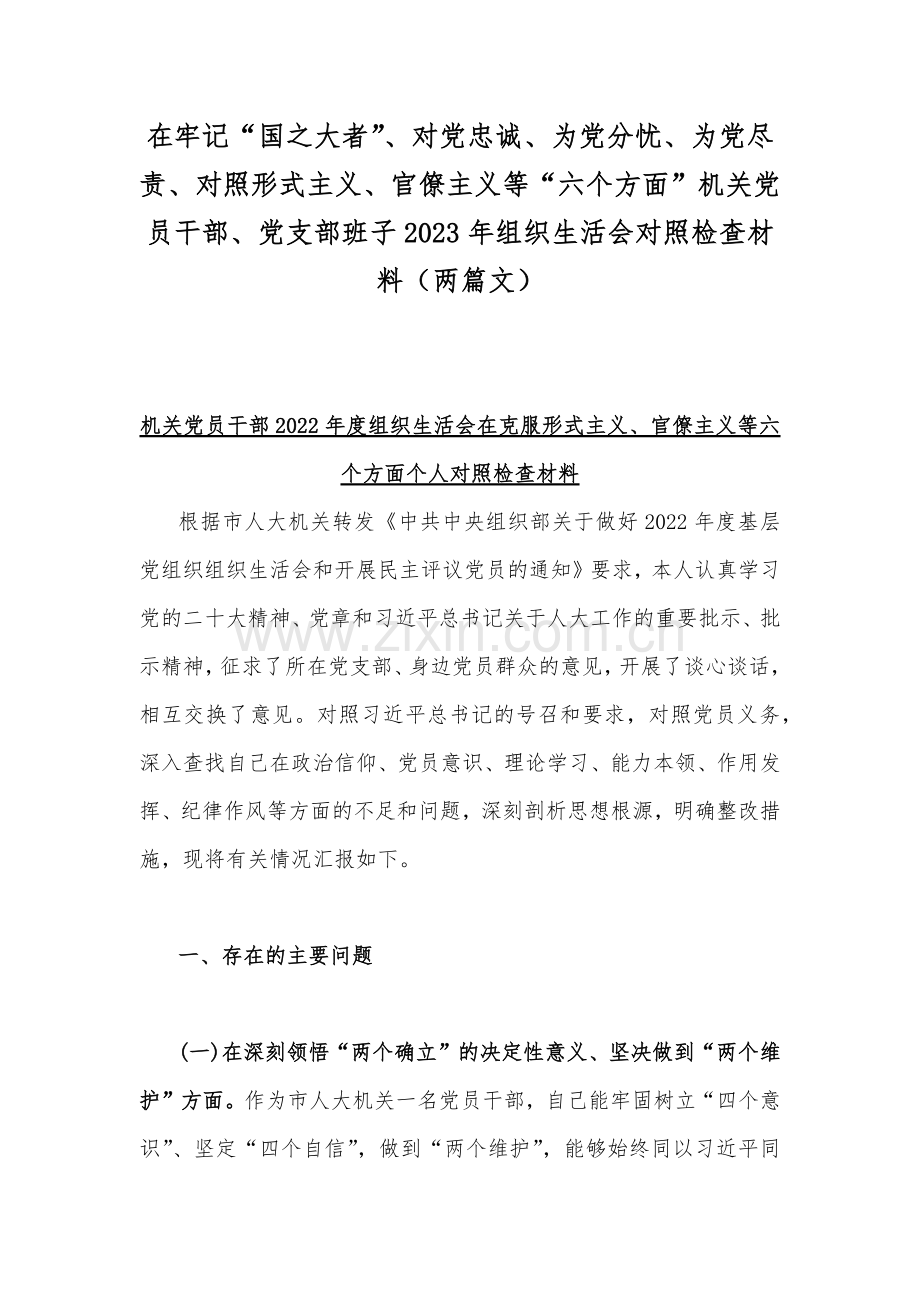 在牢记“国之大者”、对党忠诚、为党分忧、为党尽责、对照形式主义、官僚主义等“六个方面”机关党员干部、党支部班子2023年组织生活会对照检查材料（两篇文）.docx_第1页