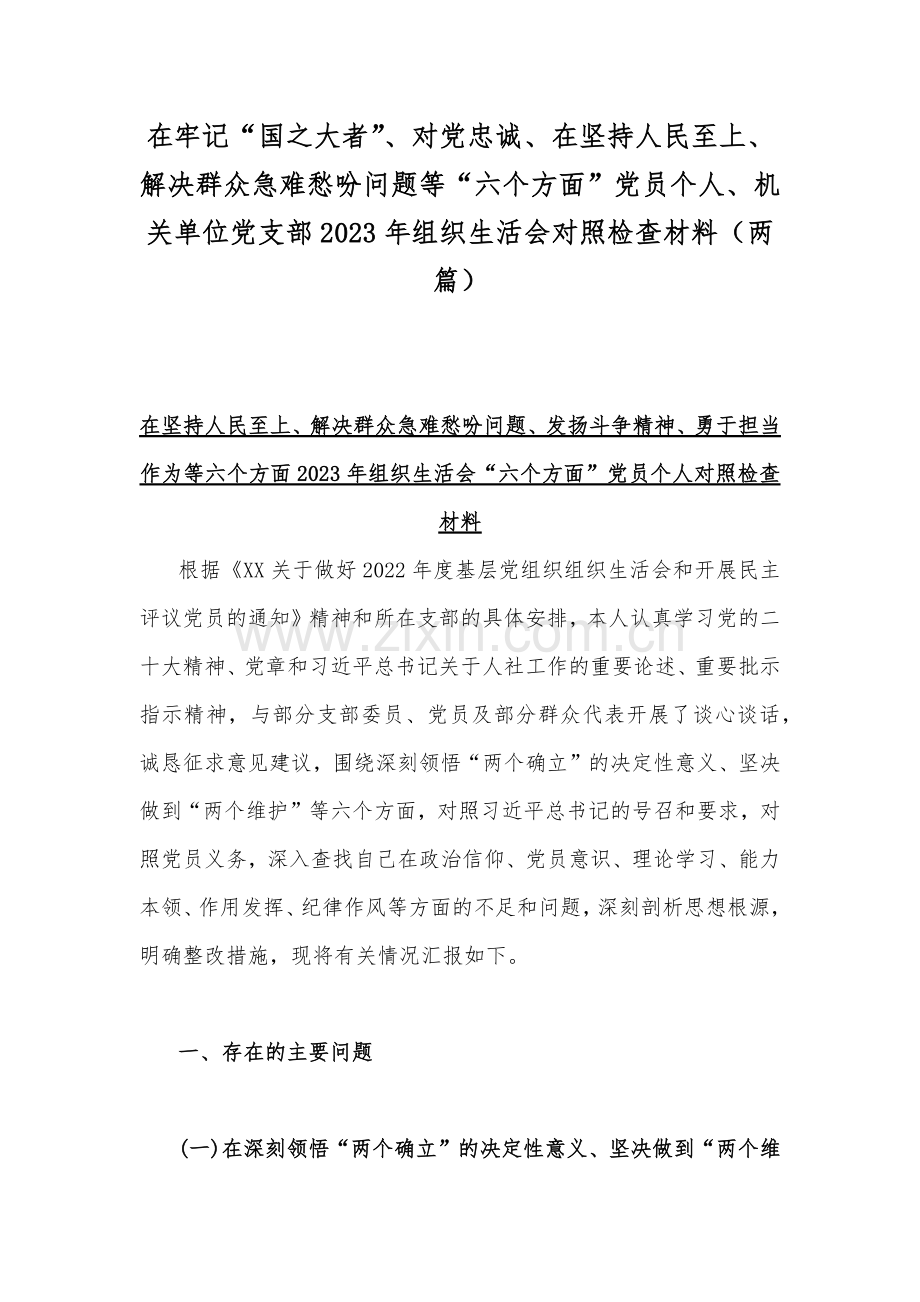 在牢记“国之大者”、对党忠诚、在坚持人民至上、解决群众急难愁吩问题等“六个方面”党员个人、机关单位党支部2023年组织生活会对照检查材料（两篇）.docx_第1页