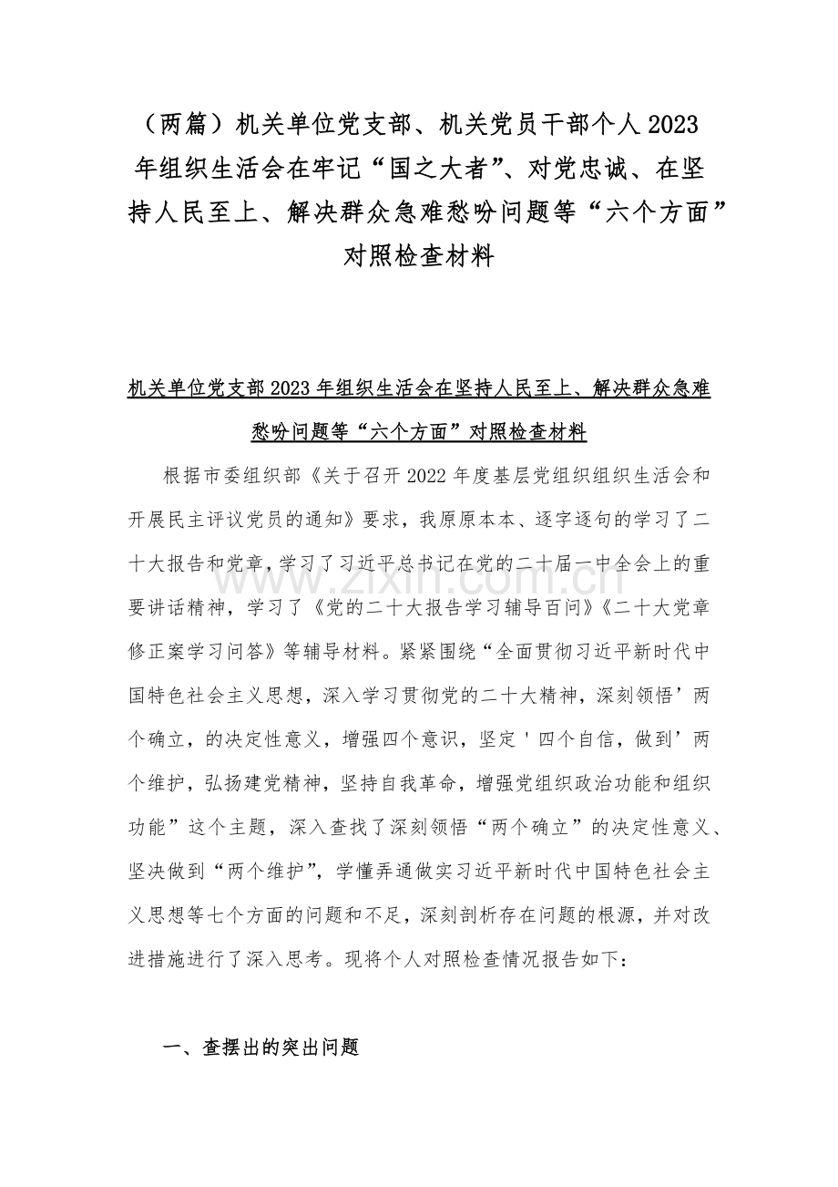 （两篇）机关单位党支部、机关党员干部个人2023年组织生活会在牢记“国之大者”、对党忠诚、在坚持人民至上、解决群众急难愁吩问题等“六个方面”对照检查材料.docx_第1页