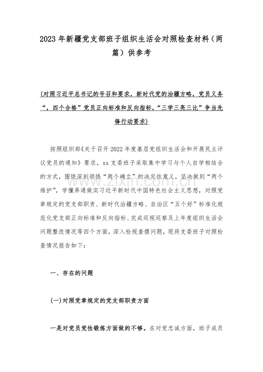 2023年新疆党支部班子组织生活会对照检查材料（两篇）供参考.docx_第1页