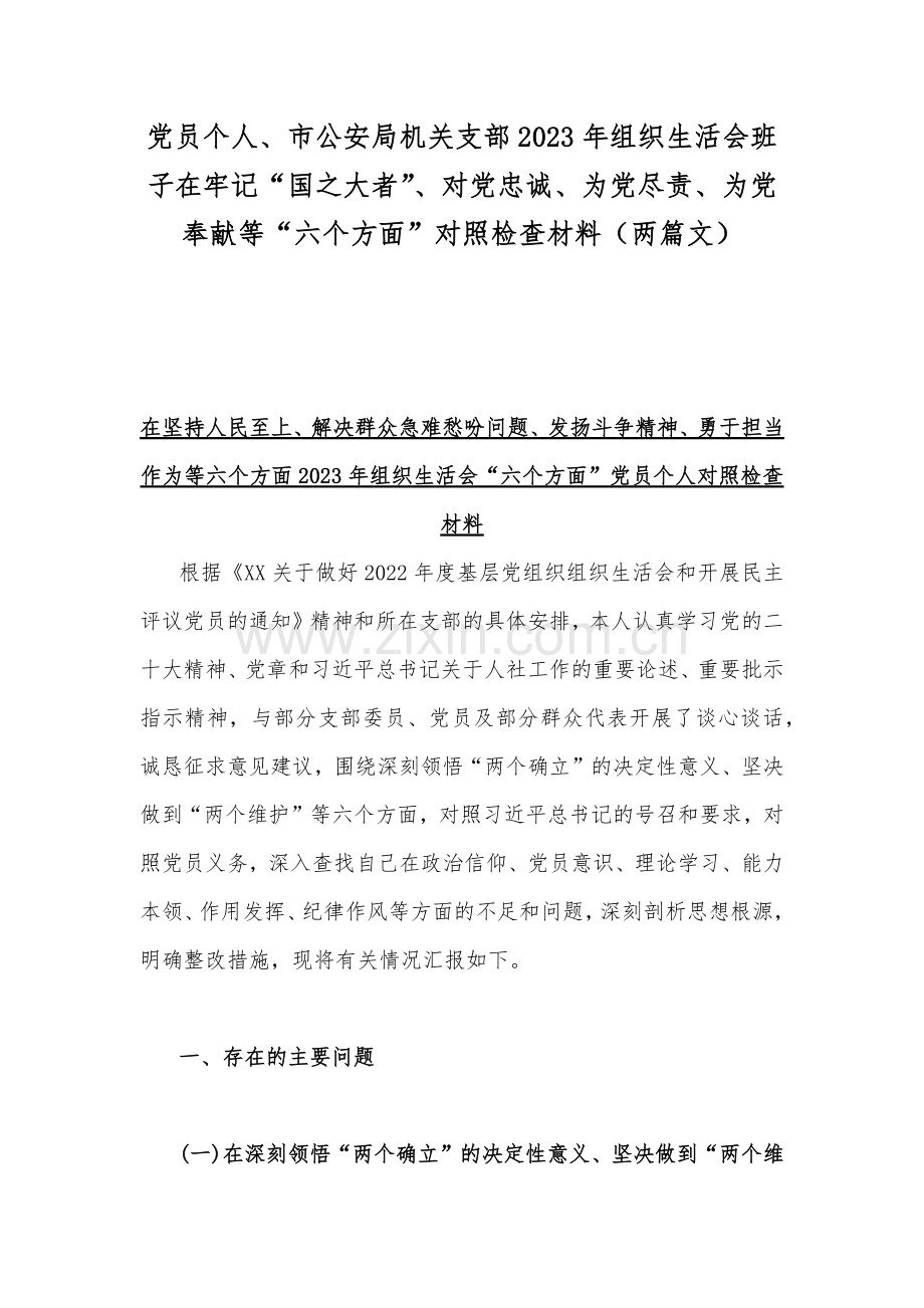 党员个人、市公安局机关支部2023年组织生活会班子在牢记“国之大者”、对党忠诚、为党尽责、为党奉献等“六个方面”对照检查材料（两篇文）.docx_第1页