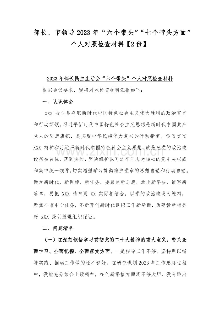 部长、市领导2023年“六个带头”“七个带头方面”个人对照检查材料【2份】.docx_第1页