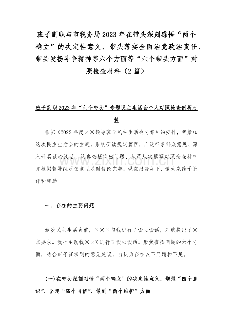 班子副职与市税务局2023年在带头深刻感悟“两个确立”的决定性意义、带头落实全面治党政治责任、带头发扬斗争精神等六个方面等“六个带头方面”对照检查材料（2篇）.docx_第1页