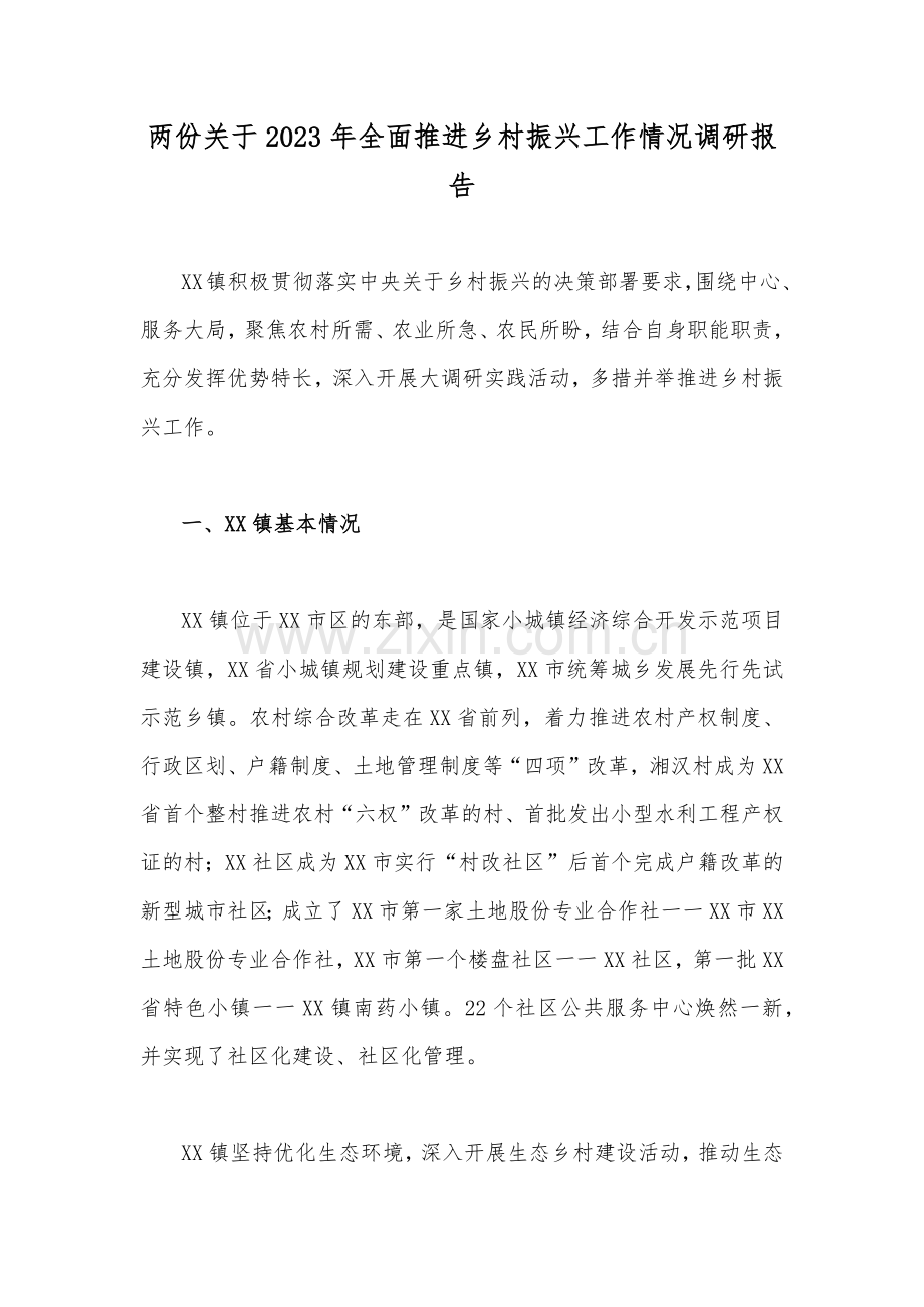 两份关于2023年全面推进乡村振兴工作情况调研报告.docx_第1页