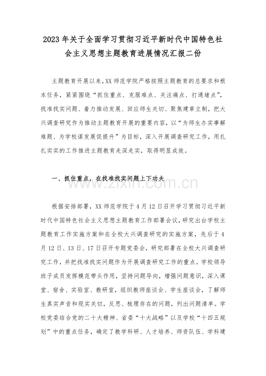 2023年关于全面学习贯彻习近平新时代中国特色社会主义思想主题教育进展情况汇报二份.docx_第1页