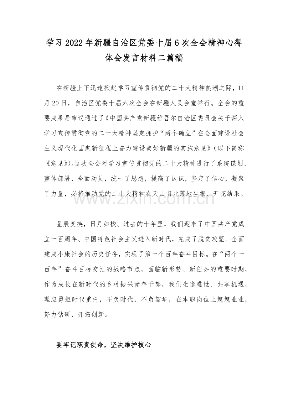 学习2022年新疆自治区党委十届6次全会精神心得体会发言材料二篇稿.docx_第1页