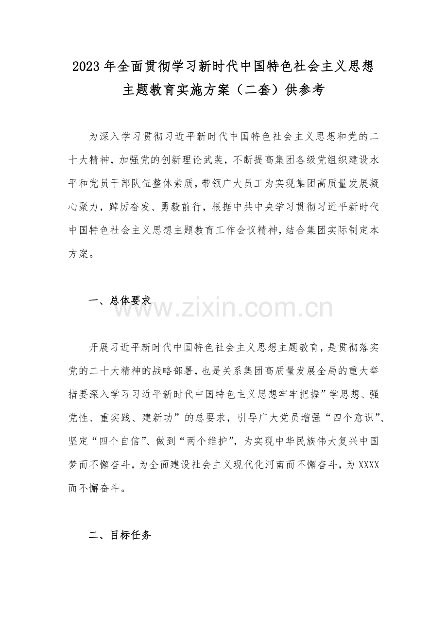 2023年全面贯彻学习新时代中国特色社会主义思想主题教育实施方案（二套）供参考.docx_第1页