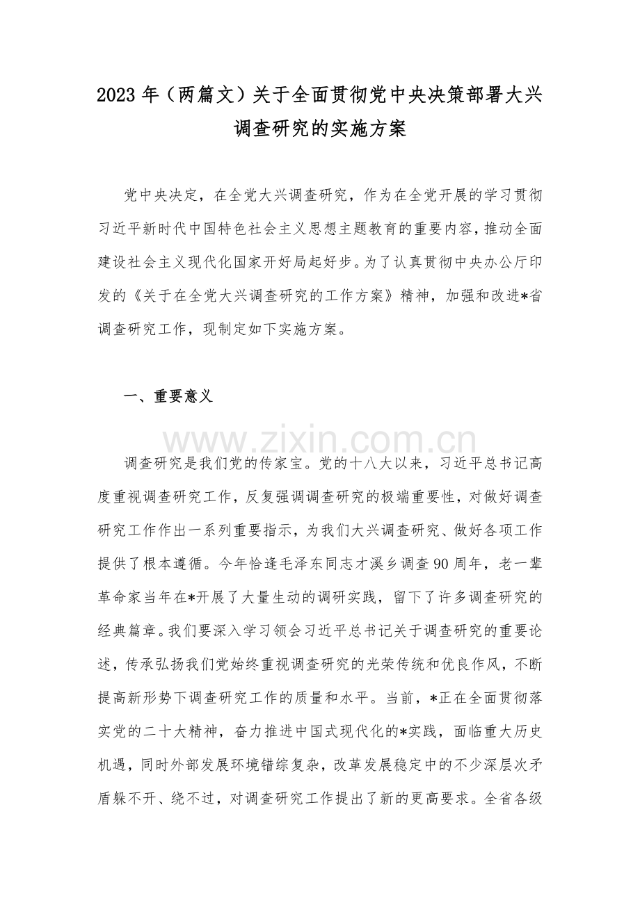 2023年（两篇文）关于全面贯彻党中央决策部署大兴调查研究的实施方案.docx_第1页