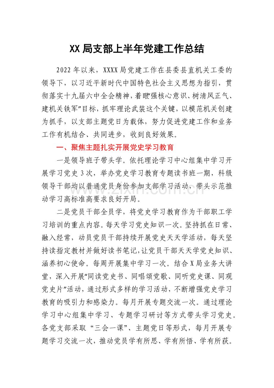 XX局支部上半年党建工作总结.docx_第1页