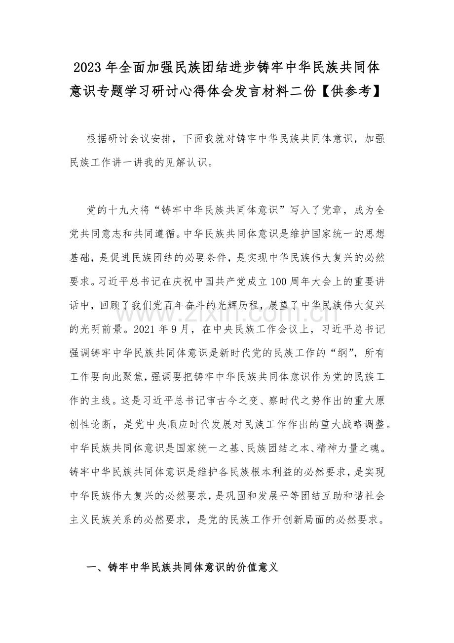 2023年全面加强民族团结进步铸牢中华民族共同体意识专题学习研讨心得体会发言材料二份【供参考】.docx_第1页