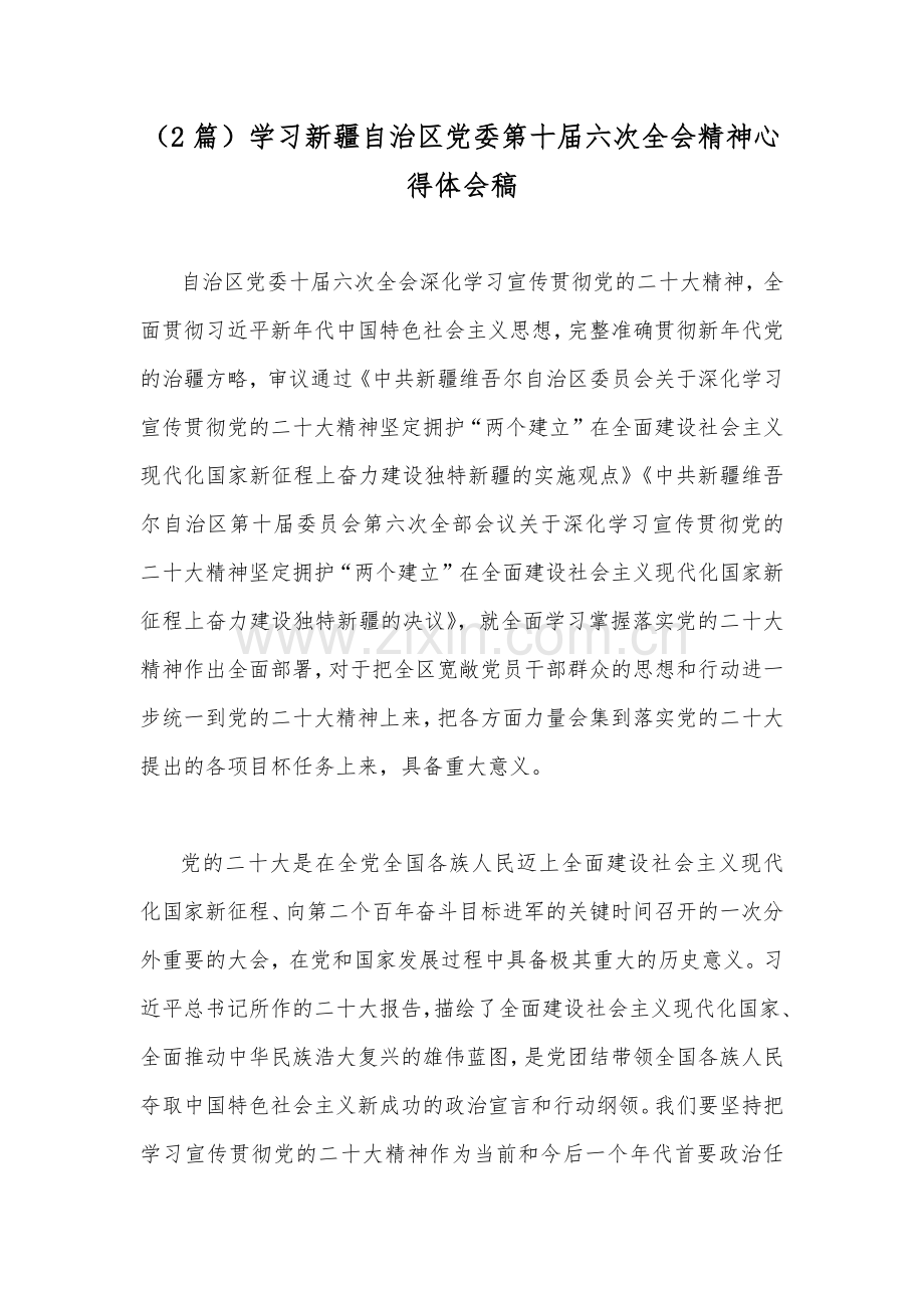 （2篇）学习新疆自治区党委第十届六次全会精神心得体会稿.docx_第1页