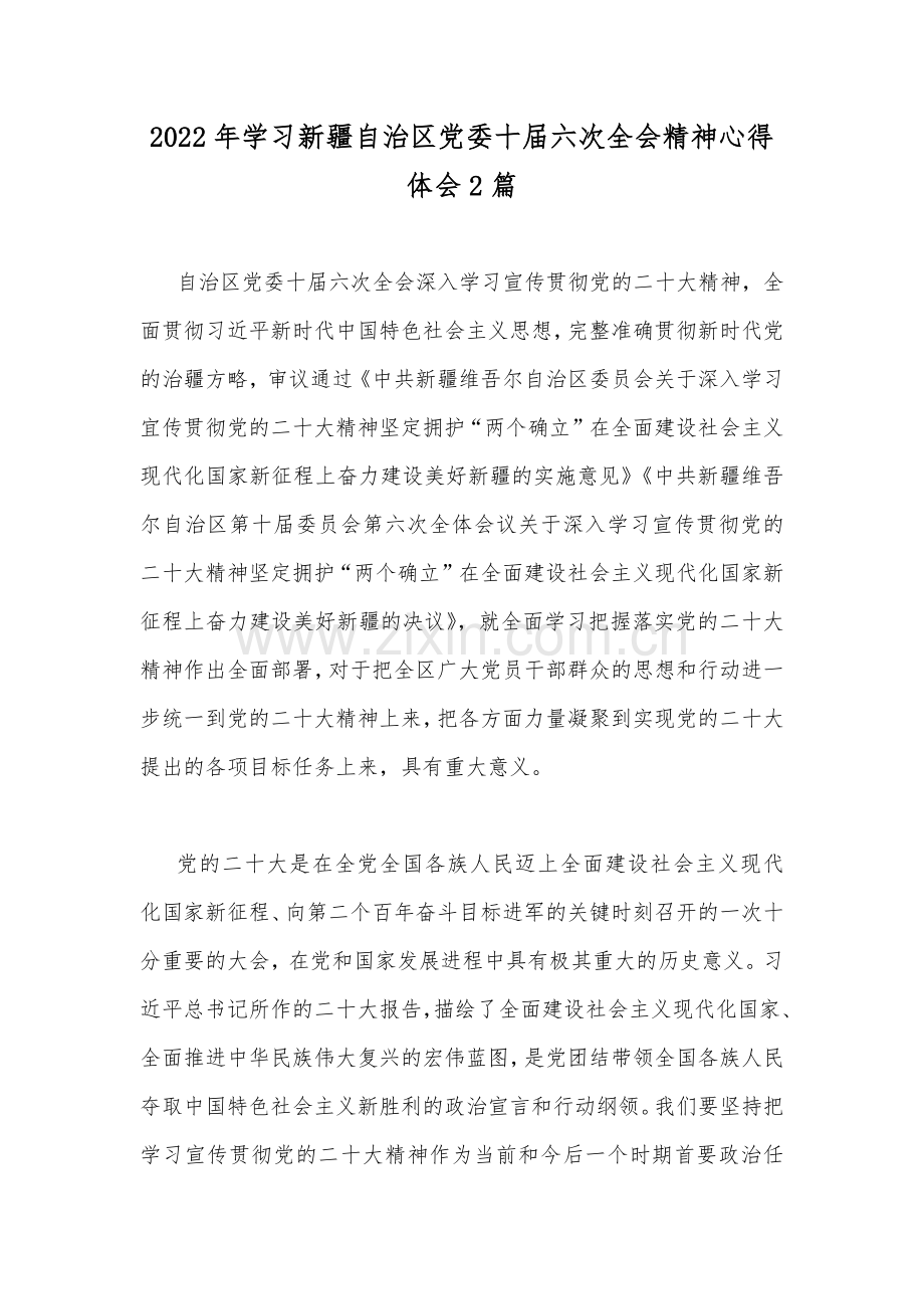 2022年学习新疆自治区党委十届六次全会精神心得体会2篇.docx_第1页