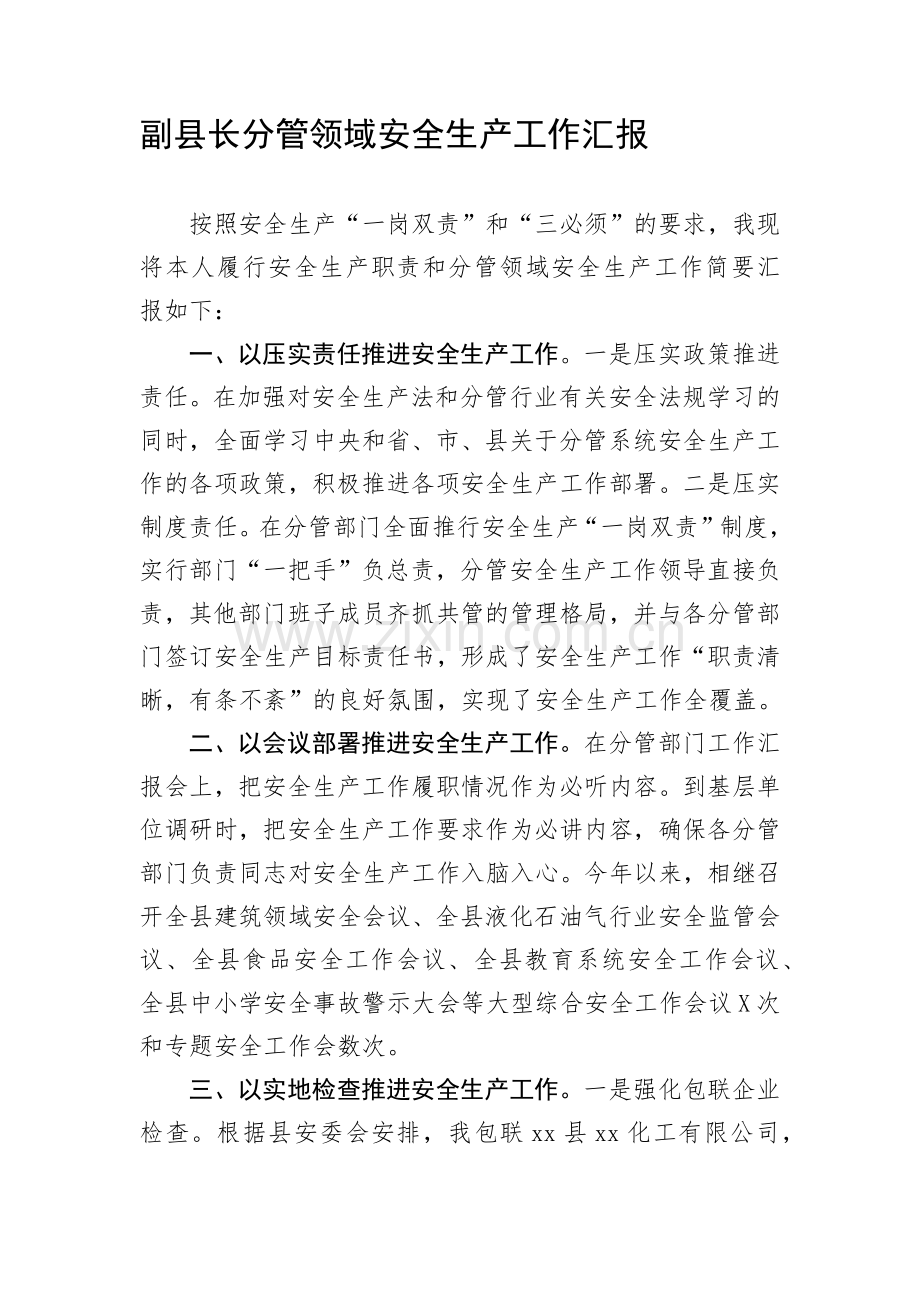 副县长分管领域安全生产工作汇报.docx_第1页