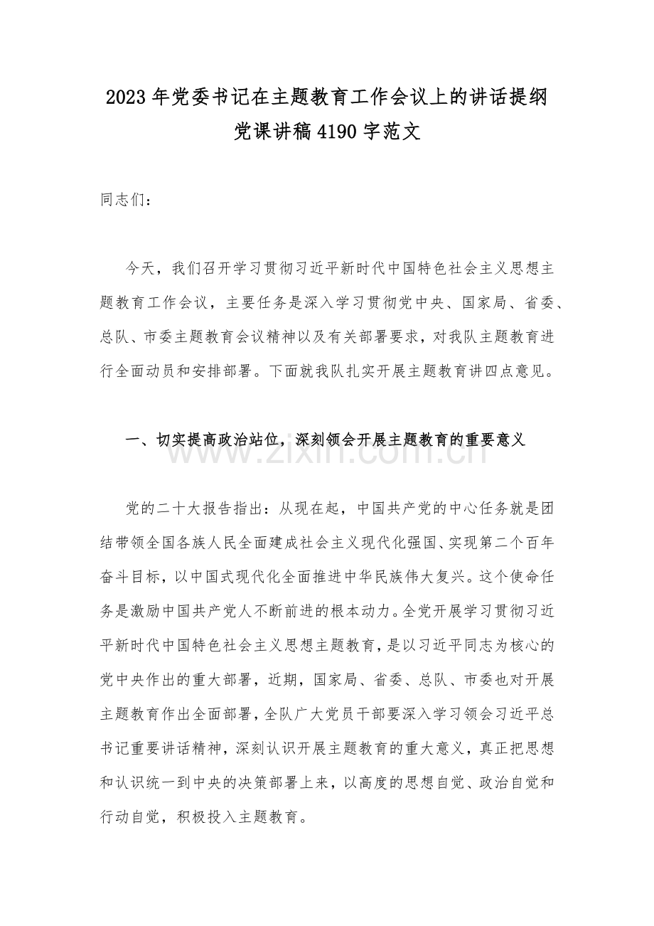 2023年党委书记在主题教育工作会议上的讲话提纲党课讲稿4190字范文.docx_第1页