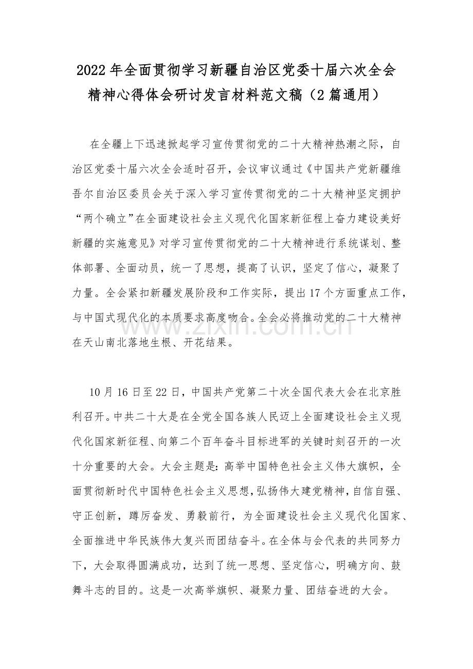2022年全面贯彻学习新疆自治区党委十届六次全会精神心得体会研讨发言材料范文稿（2篇通用）.docx_第1页