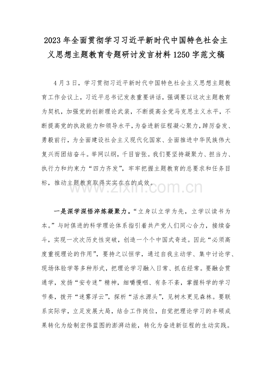 2023年全面贯彻学习习近平新时代中国特色社会主义思想主题教育专题研讨发言材料1250字范文稿.docx_第1页