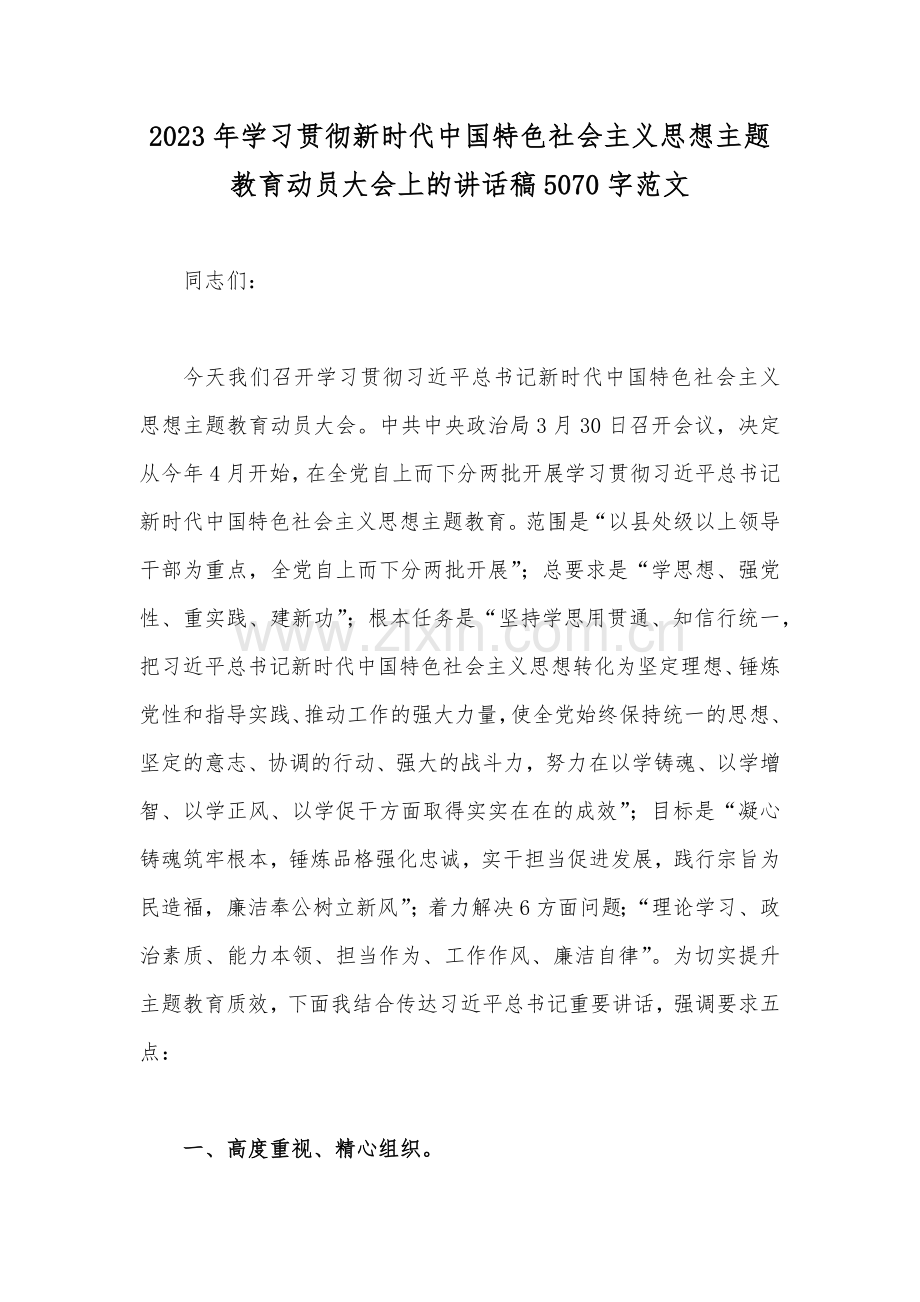 2023年学习贯彻新时代中国特色社会主义思想主题教育动员大会上的讲话稿5070字范文.docx_第1页