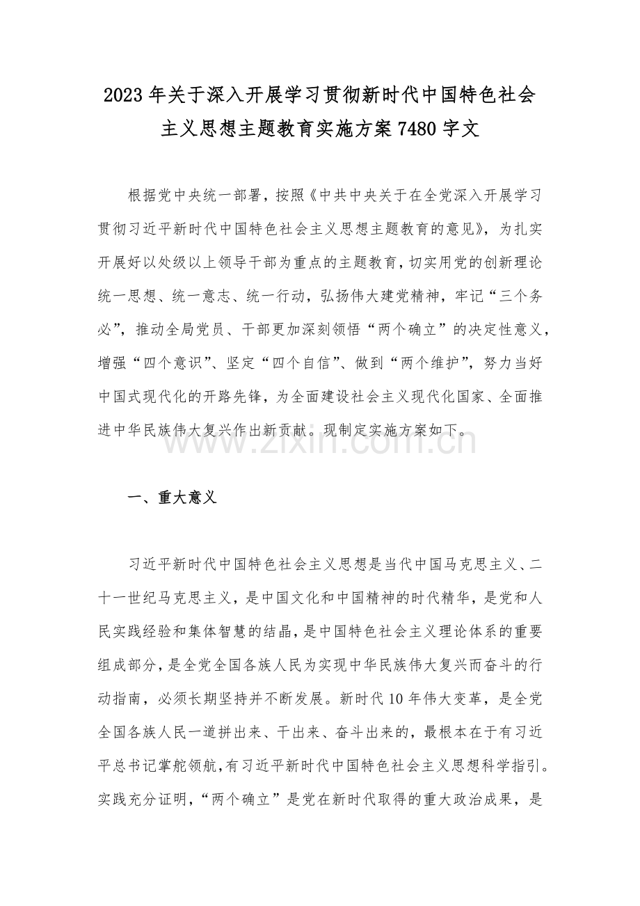 2023年关于深入开展学习贯彻新时代中国特色社会主义思想主题教育实施方案7480字文.docx_第1页