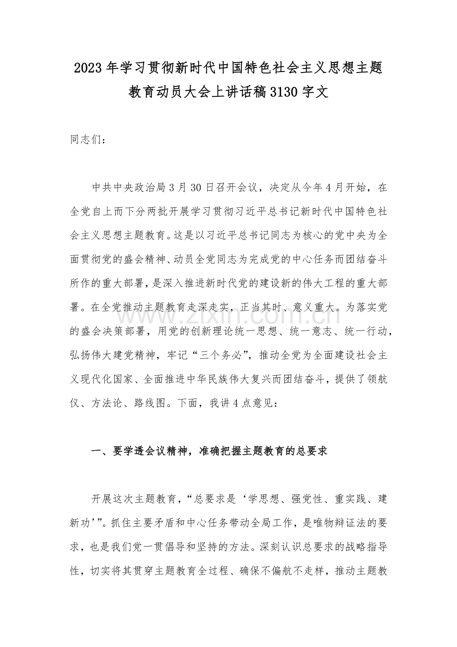 2023年学习贯彻新时代中国特色社会主义思想主题教育动员大会上讲话稿3130字文.docx_第1页
